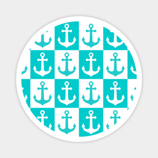 Checkered Ship Anchor Pattern - Ocean Blue and White Magnet